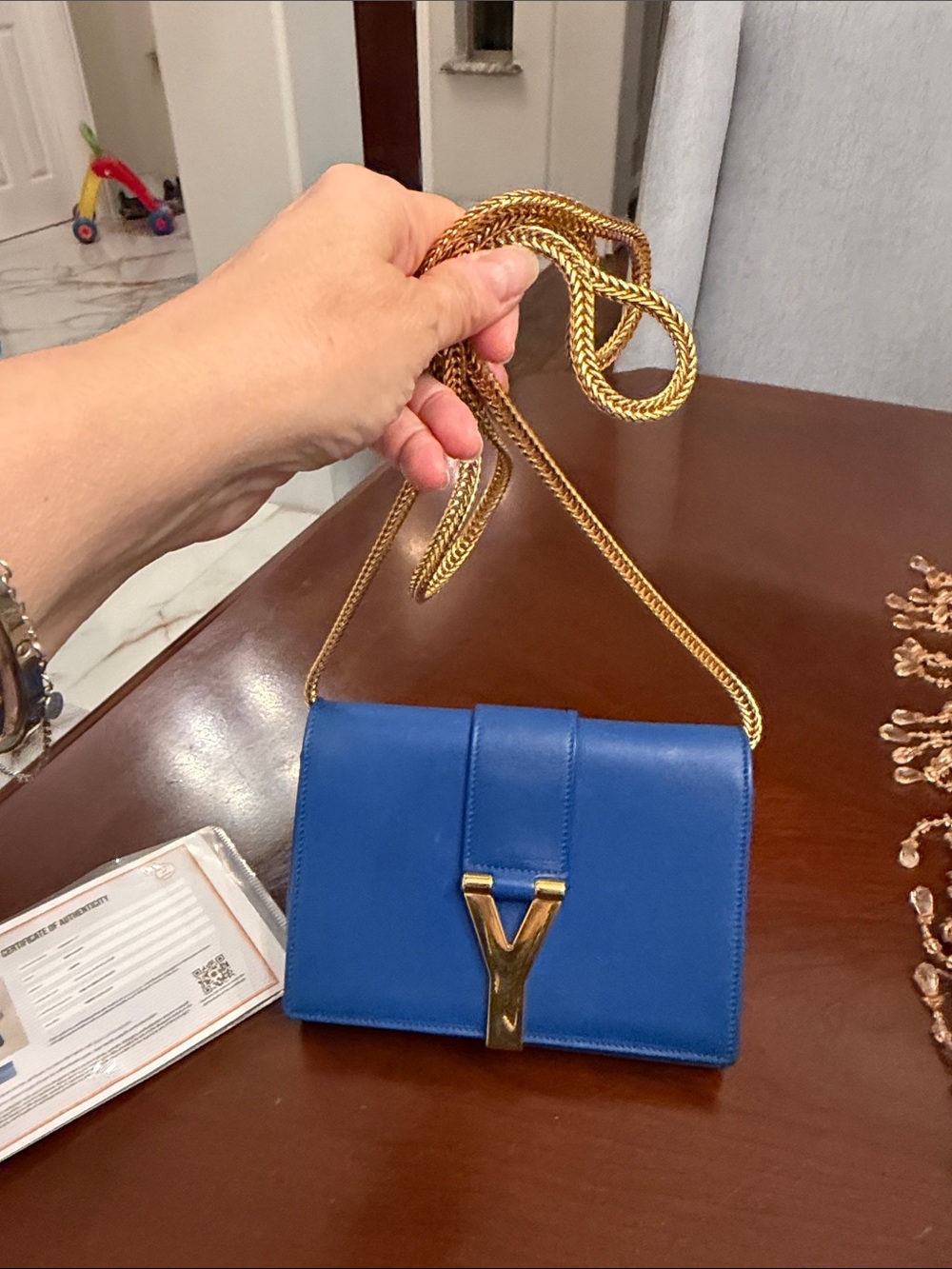 Saint Laurent Blue Women's Chain Shoulder Bag with Gold Y Accent